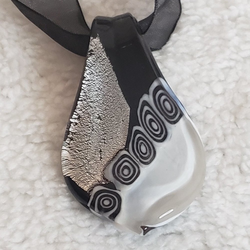 Black, White and Silver Art Glass Necklace